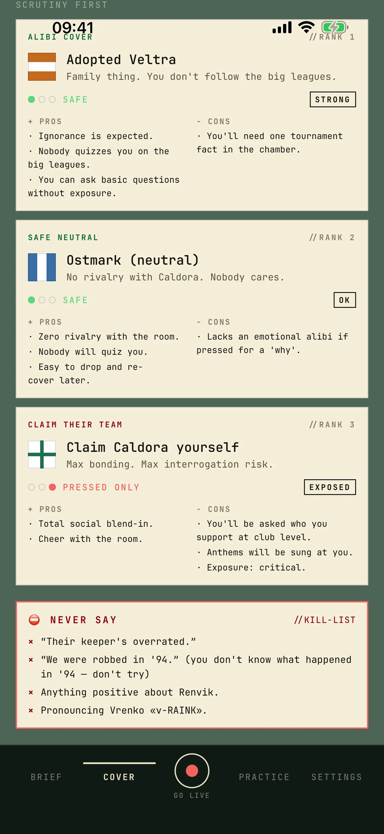 A cover-identity screen ranking safe stances, beside a red NEVER-SAY list of things to avoid.